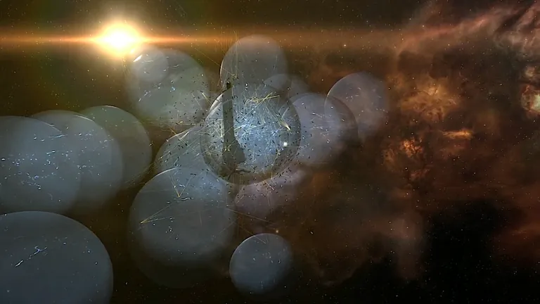 Battle of 6VDT-H - aftermath wreckage field with hostile warp-disruption bubbles still active around the contested 6VDT-H station after the engagement settled