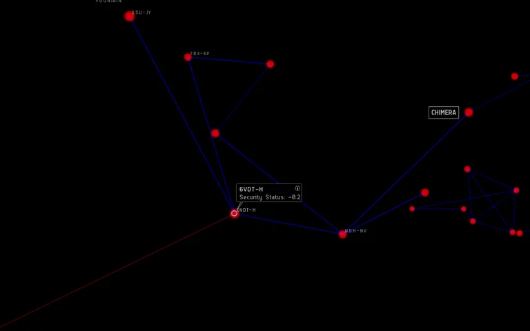 6VDT-H in the Fountain region - in-game system map showing 6VDT-H deep in nullsec, with TEST's staging system Chimera and the gates by which the CFC arrived