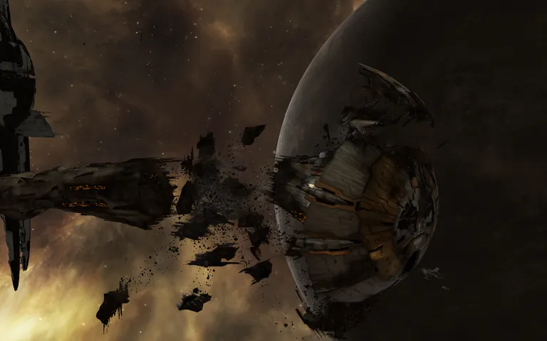The titan wreck dwarfs the battleships floating in attendance, only a few kilometers off the Amarr Navy Assembly Plant where Empress Jamyl Sarum I was to commission the TES Auctoritas