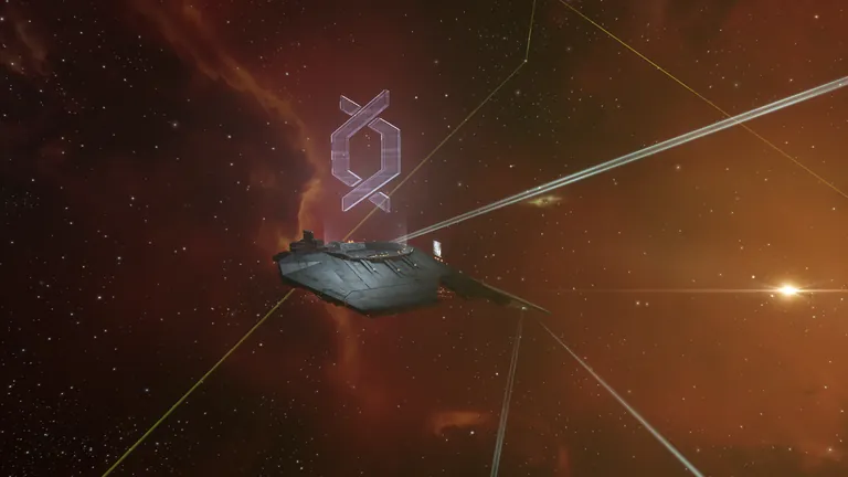 The Phase One Monument near the Sisters of EVE station in Lanngisi - Upwell-style angular base with a holographic double-helix symbol of Project Discovery floating above it