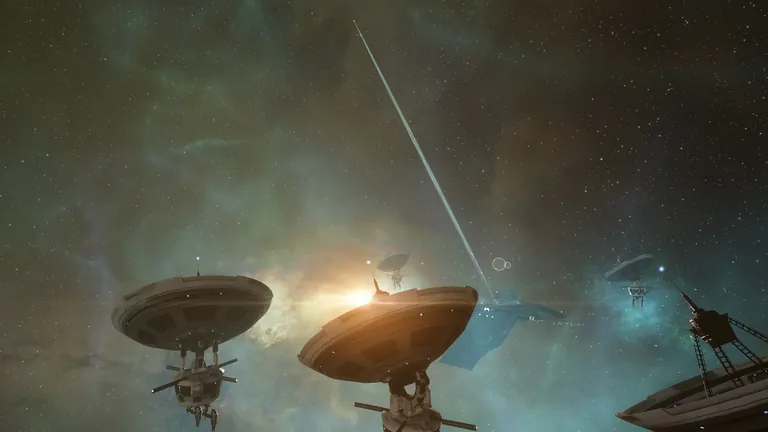 Overview of the Project Discovery Phase Two Monument at Pakhshi (Genesis high-sec) - commemorative observatories surrounding a central plinth whose hologram displays a four-planet stellar system