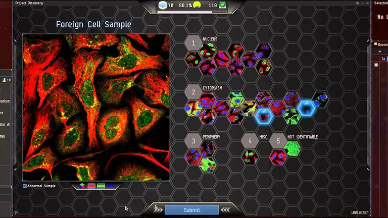The in-game minigame - a Foreign Cell Sample on the left and the hexagonal classification grid (Nucleus, Cytoplasm, Periphery) on the right