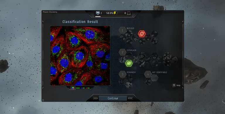 The Classification Result screen confirming a player's protein-localization answer against the community consensus
