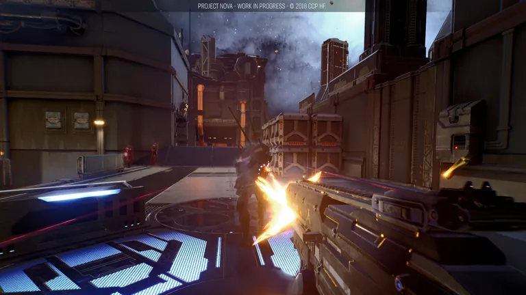 Project Nova first-person gameplay - a Warclone firing across a station deck, from the playable EVE Vegas 2018 build