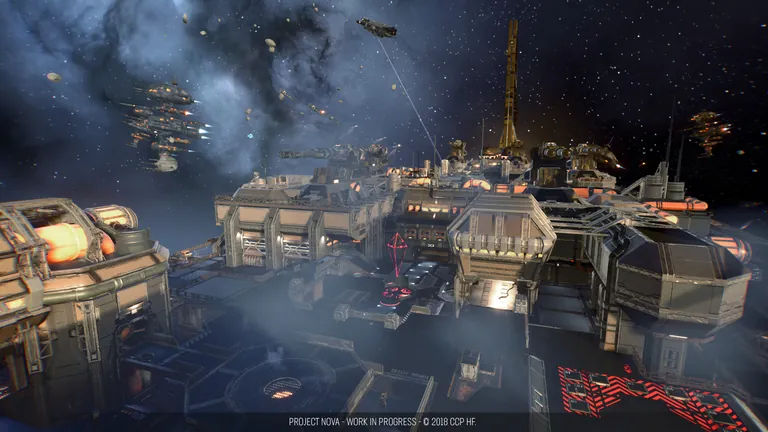 Project Nova battle map set on the exterior deck of a Maelstrom-class battleship in space, ships in the distance