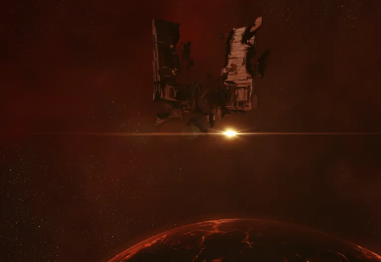 Exterior view of the preserved Fort Knocks Keepstar wreckage in J115405 - the first Keepstar anchored in wormhole space, destroyed by The Initiative on 12 December 2018