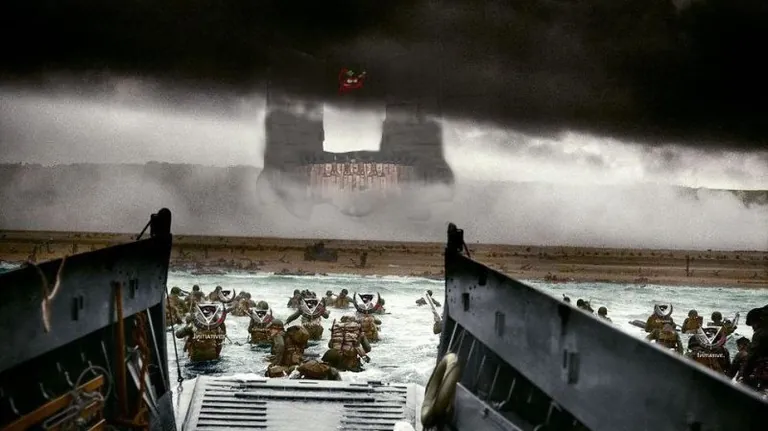 The Initiative propaganda-piece composite produced after the siege - the dying Keepstar emerging through stormy clouds with INIT soldiers wading ashore from D-Day-style landing craft
