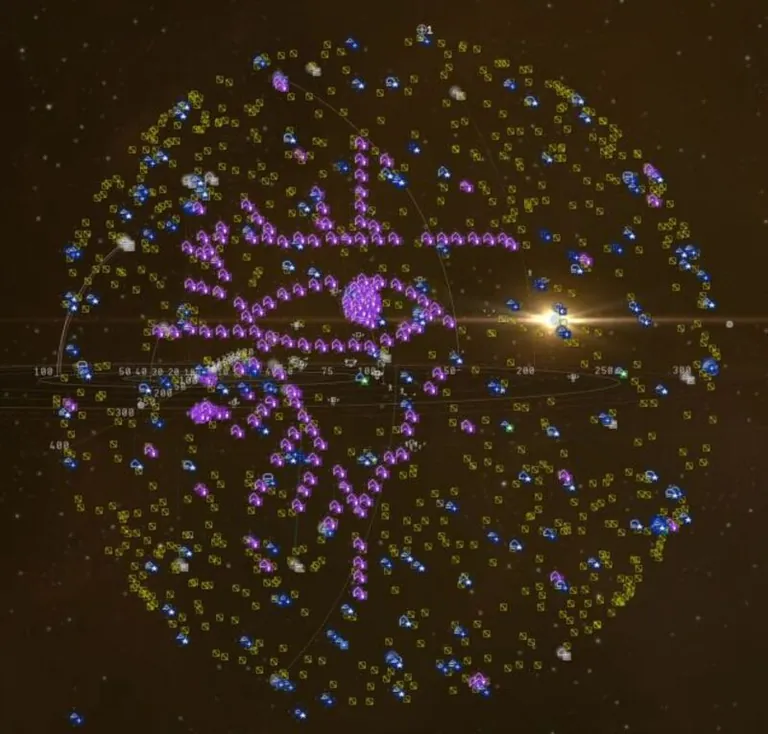 Aftermath - The Initiative pilots arranged in formation to spell out "INIT" in pink ship icons amid hundreds of yellow wreckage containers from the second Keepstar's destruction in Rage