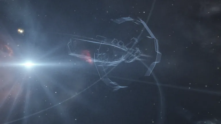 A spectral half-cloaked Astero - Katia Sae's signature exploration ship - hidden inside the orrery the statue holds, slightly larger than an actual hull