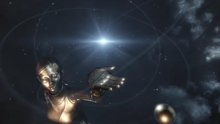 Close view of the holographic star system Katia holds in her hand - a sapphire central star with three inclined planetary orbits and ghostly grid overlays