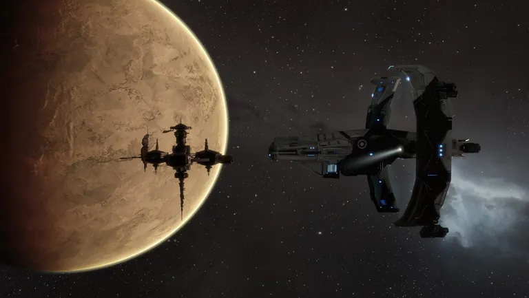 Katia Sae's signature Astero exploration frigate holding station beside a Caldari outpost and planet, mid-journey