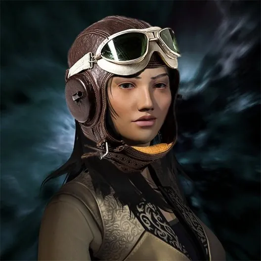 Character portrait of Katia Sae in her explorer's aviator cap and goggles, Achura features against a nebula