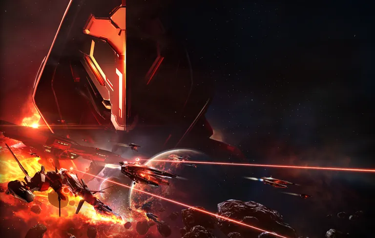 A wedge of Triglavian Leshak battleships in flight formation against a dark nebula background