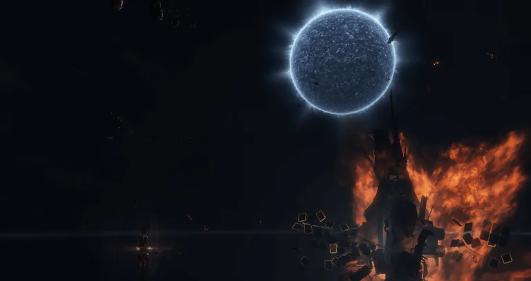 A burning EDENCOM structure venting plasma in a Niarja-system scene