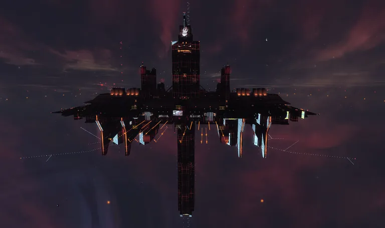 An in-game screenshot of the Niarja system after liminalization, with the Triglavian red-and-orange star and conduit structures visible