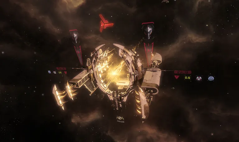 An in-game view of a New Eden stargate now flying the Triglavian Collective insignia