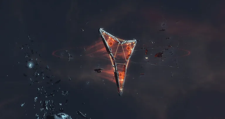 A glowing red Triglavian conduit gate anchored among the wreckage of EDENCOM defences