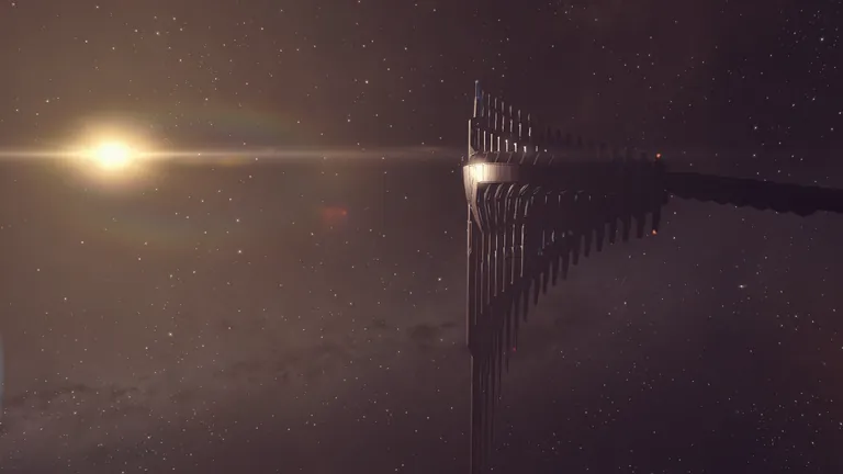 Massacres at M2-XFE Monument - wide silhouette of the obsidian bird-of-prey form against the local sun
