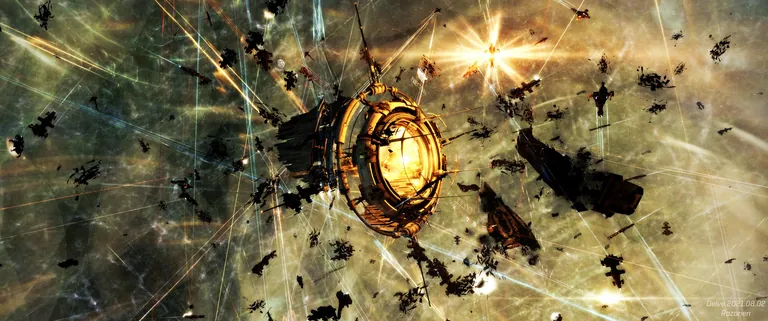 Wreckage drifts around a Delve jump gate after the 1DQ1-A assault failed, August 2021.