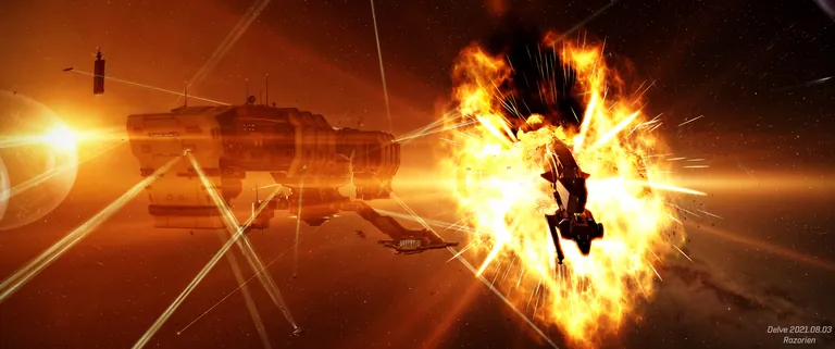 A starship erupts mid-engagement in Delve at the end of World War Bee 2.