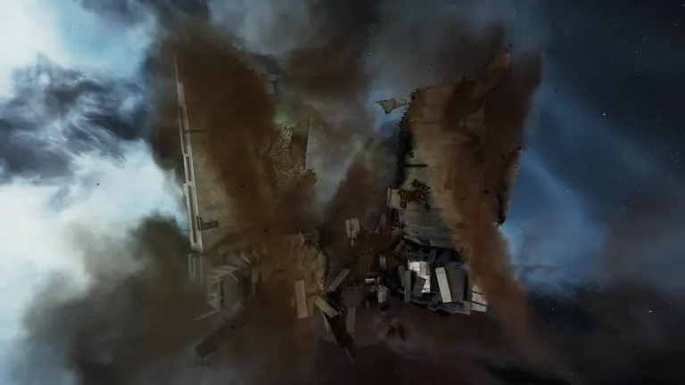 Front view of the preserved TTT Keepstar wreckage in Perimeter as catalogued on Signal Cartel Expedition TripTik 039 - the remains of the most-used player-owned high-sec trade structure