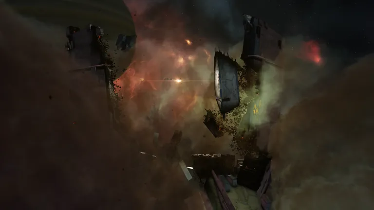 Alternative rear view of the TTT wreckage in Perimeter, framing the hulk against the surrounding traffic