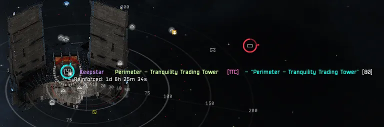 In-game overview showing the Tranquility Trading Tower Keepstar in Perimeter with its reinforced-timer bracket reading 1d 6h 25m 34s - the lead-in to the final 23 June hull-timer fight