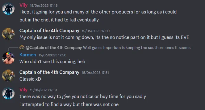 Discord screenshot from 15 June 2023 17:48 of Vily announcing to TTC merchants that the consortium had to fall and that there was no way to give notice before unanchoring the Keepstar's hangars