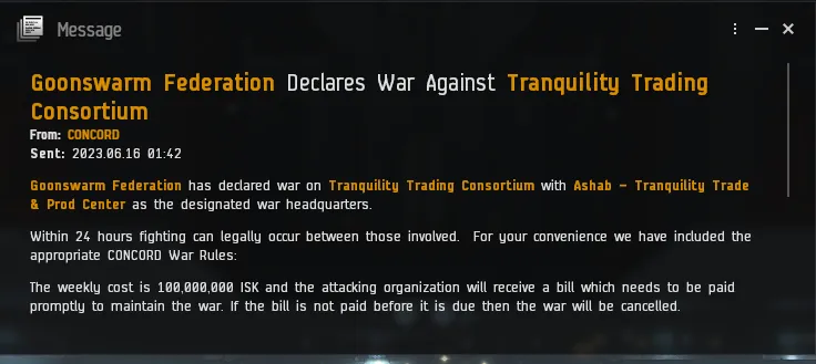 In-game CONCORD war-declaration message dated 2023.06.16 01:42 - Goonswarm Federation declares war against Tranquility Trading Consortium with Ashab Sotiyo named the designated war headquarters