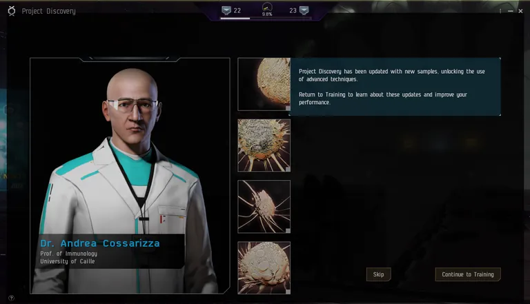 The in-game research greeter introducing the cancer-phase minigame and its retraining flow
