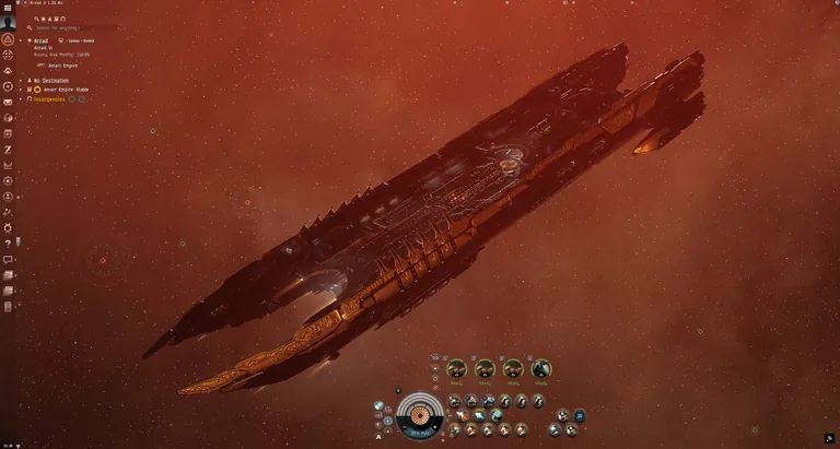 The Amarr Salvation, one of four new Tech II Command Carriers, an amber capital hull against a red nebula